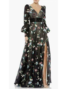 Mac Duggal $798 Embroidered Floral Bishop Sleeve V Neck Gown Maxi Dress Sz 8 NWT